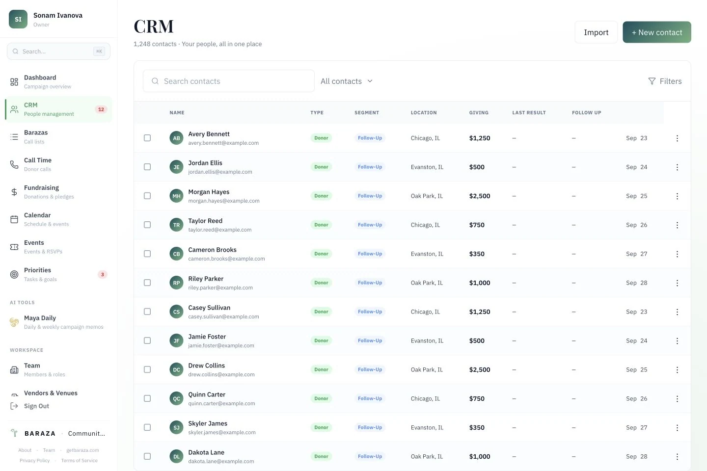 Baraza product preview with illustrative sample data