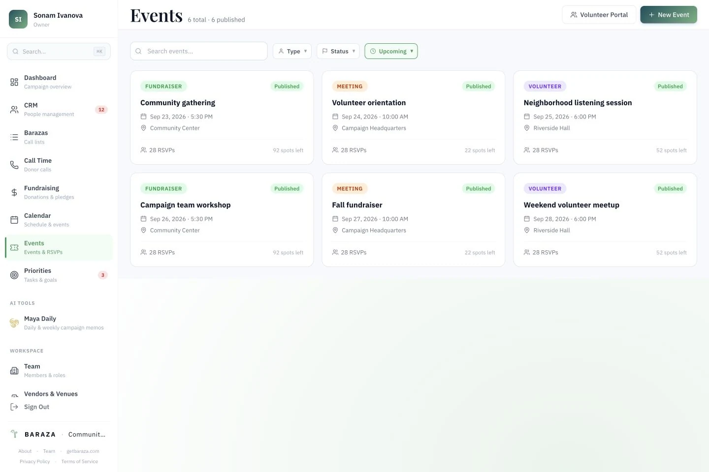 Baraza product preview with illustrative sample data