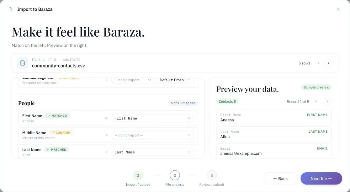 Baraza import workflow matching contact fields with a sample record preview