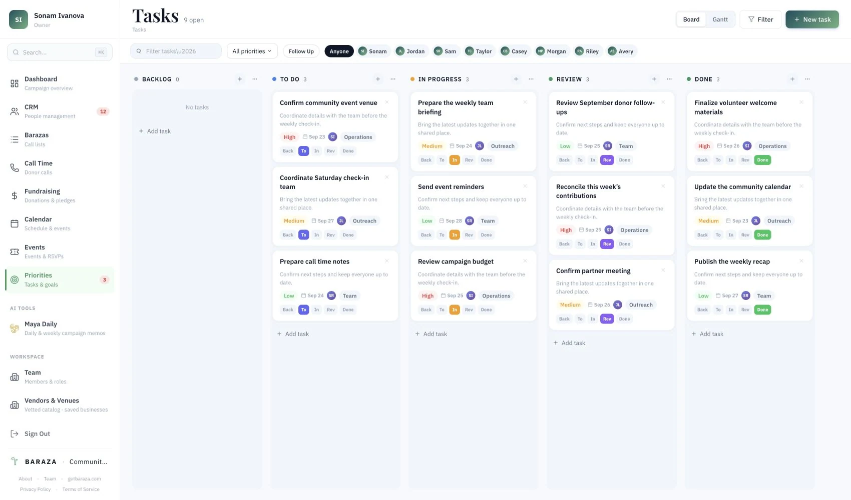 Baraza product preview with illustrative sample data